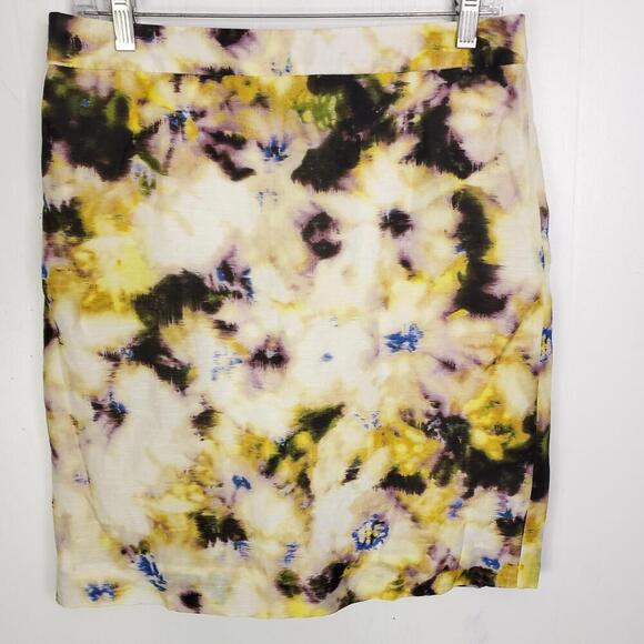 J Crew Skirt WOmens 6 Silk Linen Tie Dye Flowers Pencil Artsy Natural Fibers - Picture 1 of 8